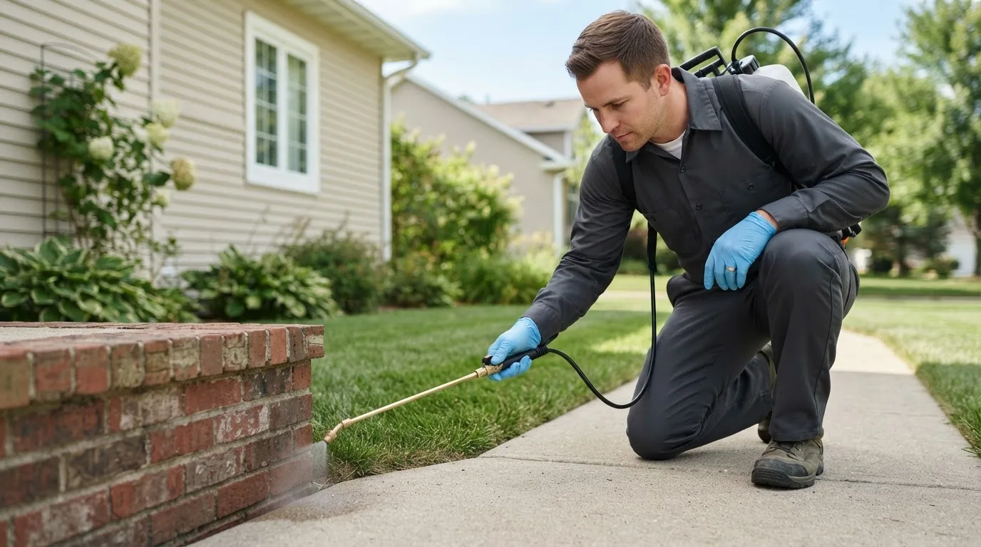 Pest control technician treating a home near Lewistown, IL