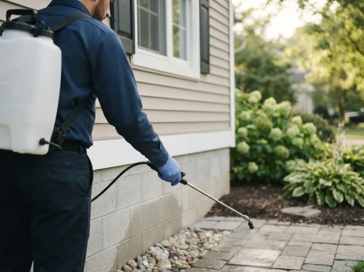 Pest control technician inspecting a home in Lewistown, IL